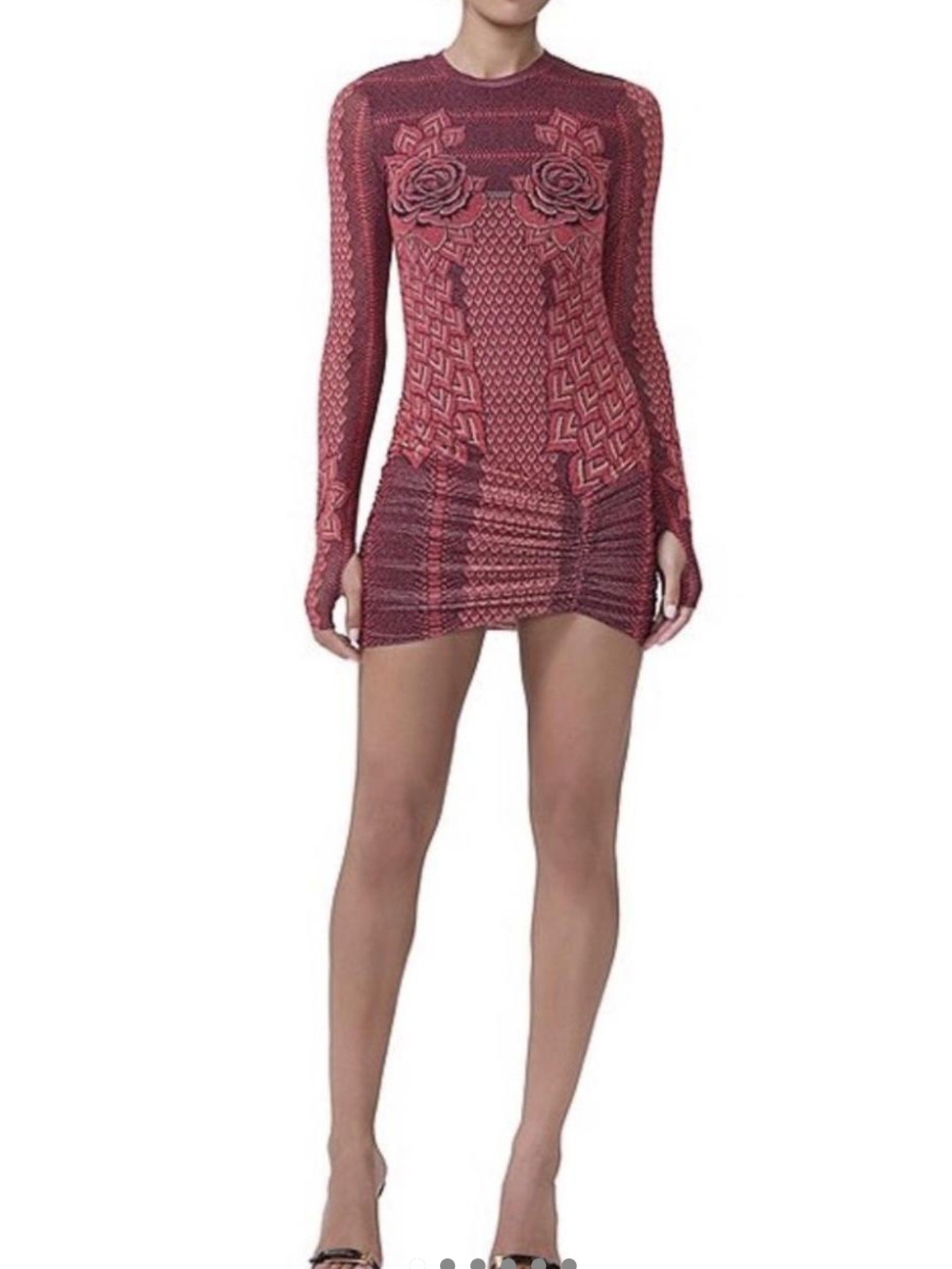 Afrm Red Patterned Long-Sleeve Bodycon Mini Dress With Rose Appliqus